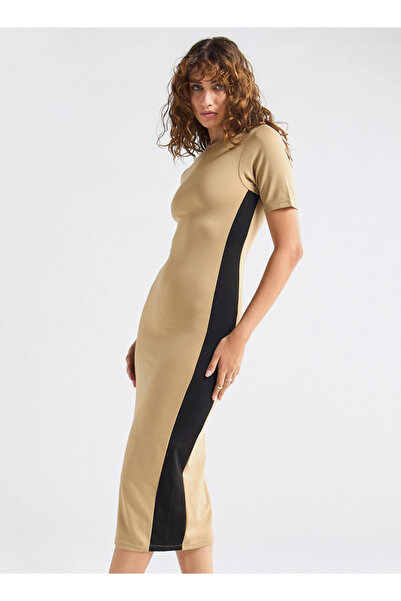 FAV Panelled Bodycon Dress with Round Neck and Short Sleeves