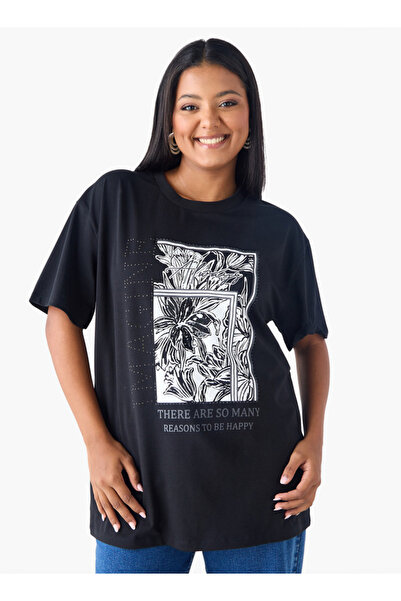 Ulla Popken Plus Size Ulla Popken Printed T-shirt with Rhinestone Embellishment