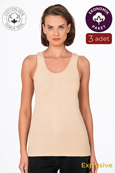 Kompedan Kadın Pamuklu Ribana Kalın Askılı Atlet 3'lü Paket | Ten K0111