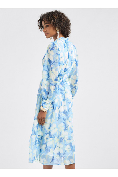 FAV All-over Floral Print Midi Shirt Dress With Shirred Detail And Long Sleeves