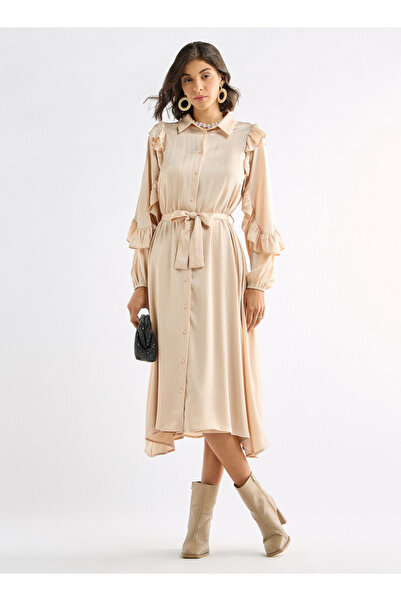 FAV Striped Asymmetric Midi Dress with Ruffle Sleeves