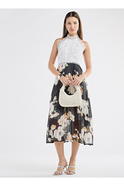 FAV Floral Print Halter Neck Midi Dress With Lace Detail