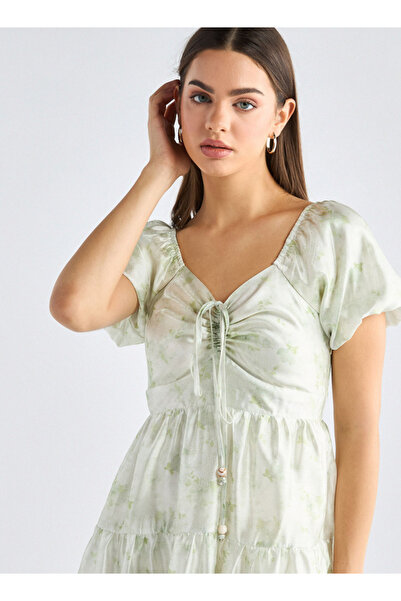 FAV Floral Print Tiered Dress with Sweetheart Neck and Short Sleeves