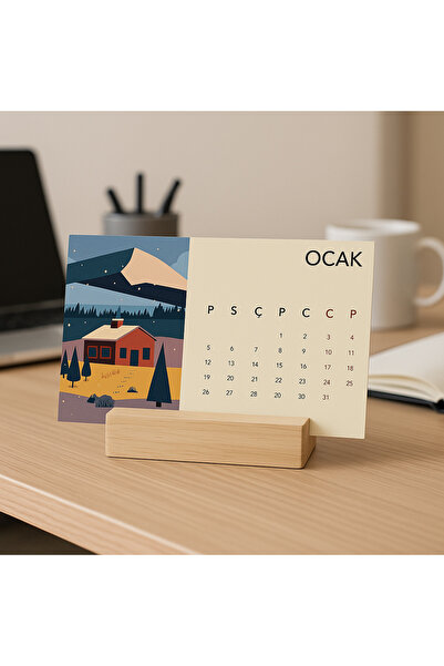 lin notebook 2026 Ahşap Ayaklı Aya Özel Doğa Tasarımlı Masa Takvimi, 2026 Takvim Özel Masaüstü