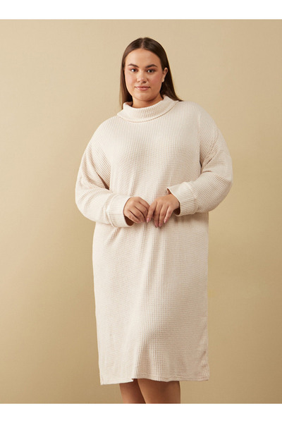 FAV فستان من قماش الوافل مع رقبة واسعة وأكمام طويلة