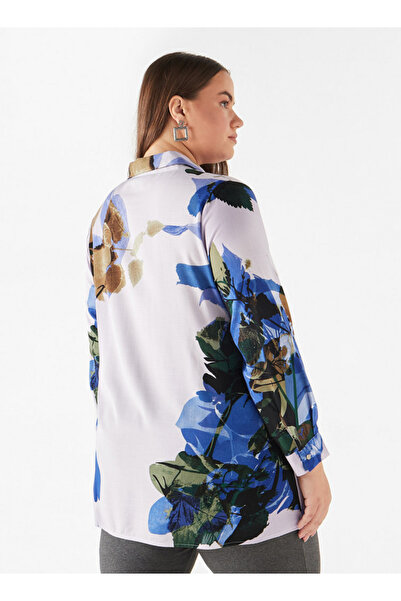 Ulla Popken Plus Size Ulla Popken All-Over Print Shirt with Collar and Long Sleeves