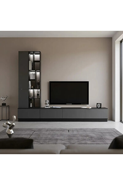 Stylish Home Large gray and black TV table, 4 pieces, including shelves and lighting, model 61