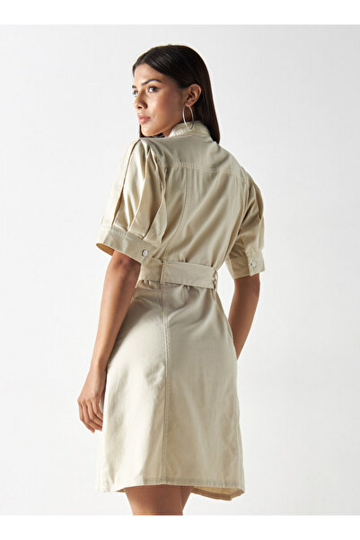 FAV Solid Knee Length Shirt Dress with Tie-Up Belt and Pockets