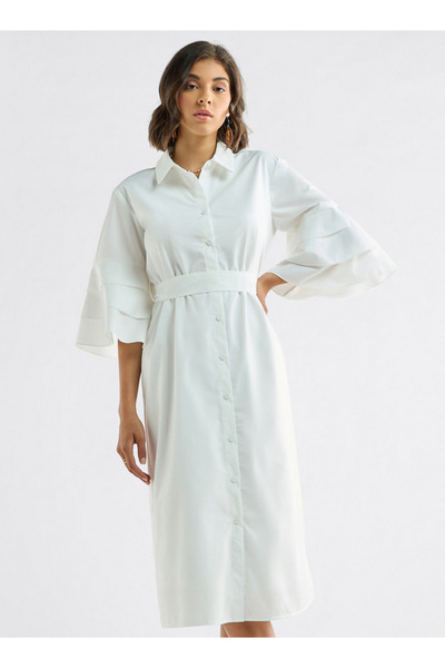 FAV Solid Shirt Dress with Ruffle Sleeves and Belt