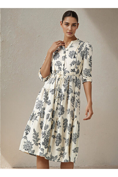 FAV Floral Print Midi Women Dress with Pintuck Detail Viscose