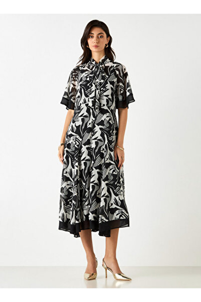 Iconic All-over Print A-line Midi Dress With Pussy Bow Neck