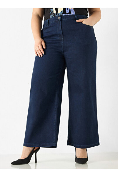 Ulla Popken Plus Size Solid Wide Leg Jeans With Button Closure