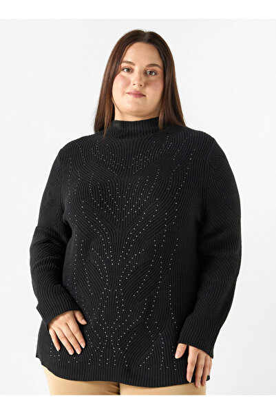 Ulla Popken Plus Size Ulla Popken Embellished High-Neck Sweater with Long Sleeves