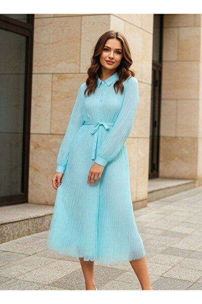 FAV فستان ميدي مطوي مع ياقة وحزام ربط