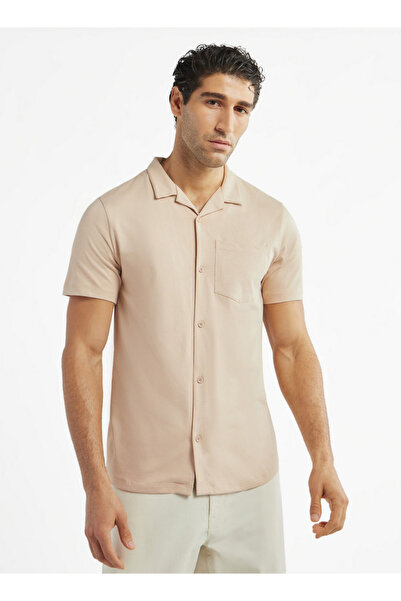 FAV Solid Camp Collar Shirt with Short Sleeves and Pocket
