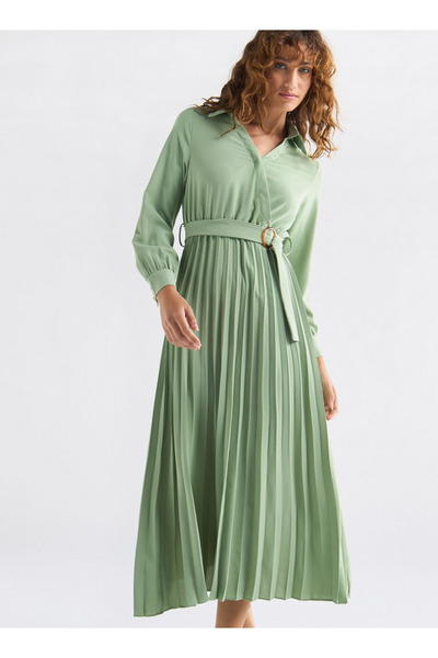 FAV Pleated Shirt Dress With Belt And Long Sleeves