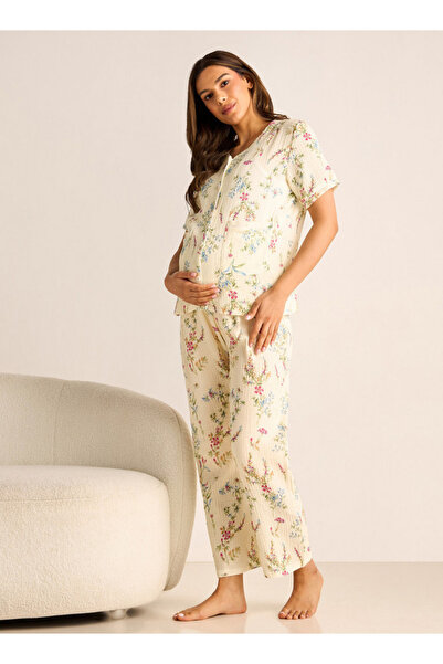 FAV طقم بيجامة وقميص حمل بطبعة زهور وحزام مطاطي