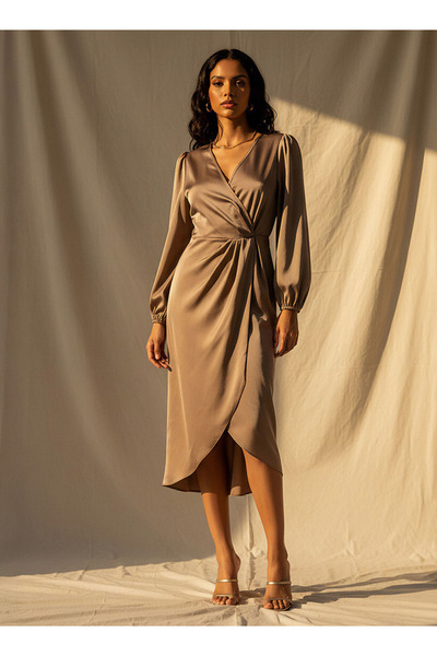 FAV Wrap Midi Polyester Dress with Puff Sleeves
