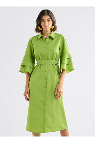 FAV Solid Shirt Dress with Ruffle Sleeves and Belt