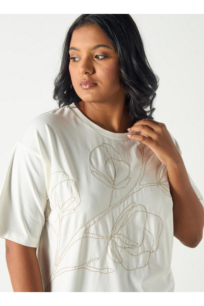 Ulla Popken Plus Size Floral Embroidered Round Neck T-shirt With Short Sleeves