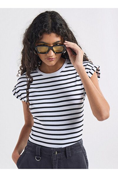 FAV Striped Crew Neck Bodysuit With Extended Sleeves