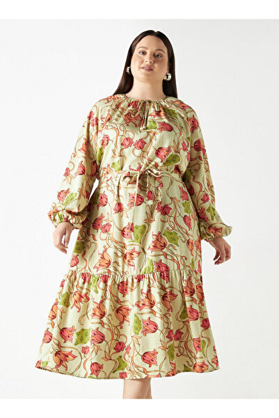 FAV Plus Size All-Over Floral Print Tiered Dress with Tie-Ups and Long Sleeves