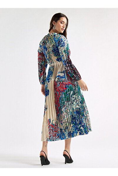 FAV Floral Print Pleated A-line Dress with High Neck and Long Sleeves