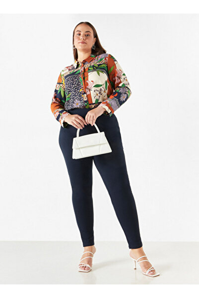 Ulla Popken Plus Size Ulla Popken All-Over Print Shirt with Collar and Long Sleeves
