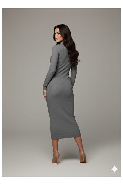 MaxiMor Women's Gray Ribbed Knit Corded Fabric Fabric Mock Neck Pencil Model Dress Height 135 Cm1