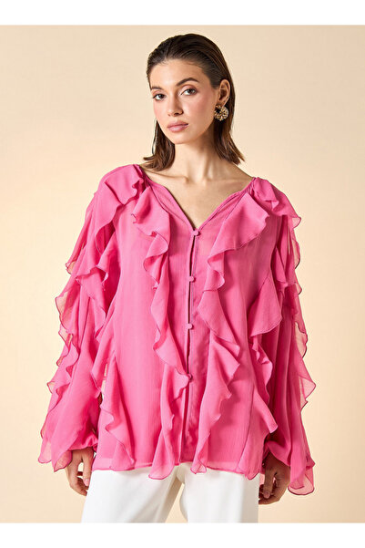 Iconic Iconic Ruffle Detail Top with V-neck and Long Sleeves