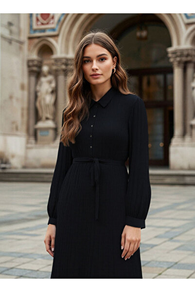 FAV فستان ميدي مطوي مع ياقة وحزام ربط