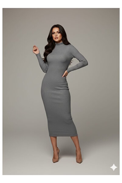 MaxiMor Women's Gray Ribbed Knit Corded Fabric Fabric Mock Neck Pencil Model Dress Height 135 Cm1