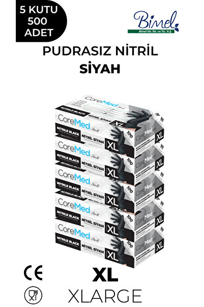 COREMED Nitril Siyah Pudrasız Muayene Eldiveni XL - 5 Paket 100 lü