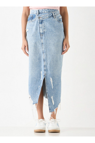Lee Cooper Ripped Detail Asymmetric Denim Skirt With Pockets