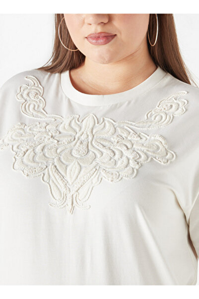 Ulla Popken Plus Size Embroidered Top With Short Sleeves And Round Neck