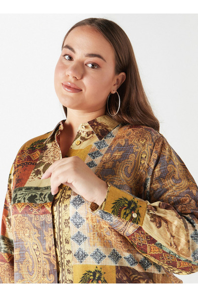 Ulla Popken Plus Size Ulla Popken Printed Shirt with Collar and Long Sleeves