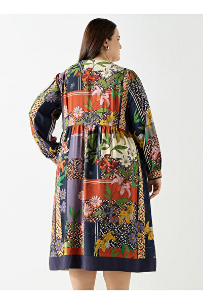 Ulla Popken Plus Size All-Over Floral Print Midi Dress with Long Sleeves