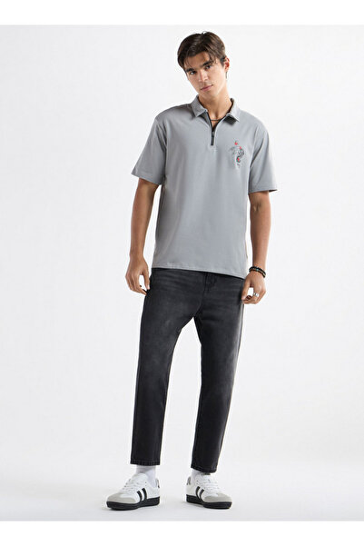 FAV Typographic Print Polo T-shirt with Short Sleeves and Zip Closure