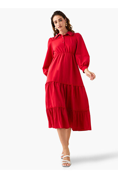 FAV Solid Tiered Midi Dress With Puff Sleeves And Collar