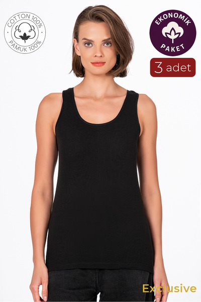 Kompedan Kadın Pamuklu Ribana Kalın Askılı Atlet 3'lü Paket | Siyah K0111