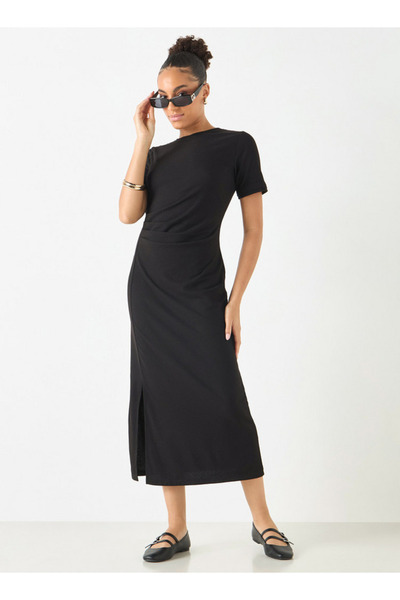 FAV Textured Round Neck Midi Dress with Short Sleeves and Slit Detail