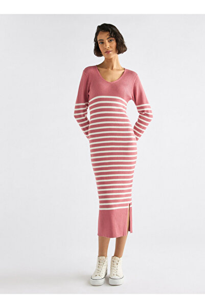 FAV Striped V-neck Dress with Long Sleeves
