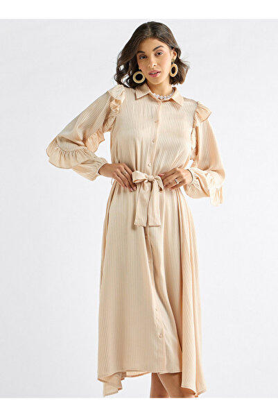 FAV Striped Asymmetric Midi Dress with Ruffle Sleeves