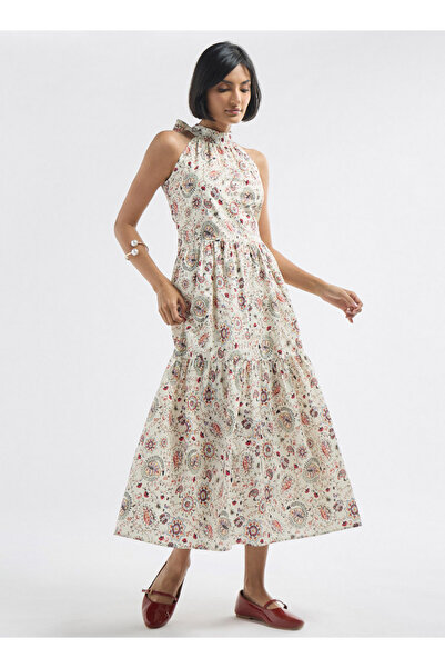 FAV All-Over Floral Print Halter Neck Tiered Dress with Tie-Ups