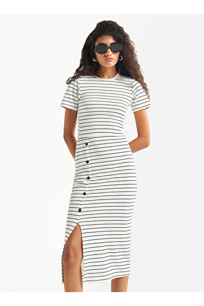 FAV Striped Midi Dress with Round Neck and Slit Detail