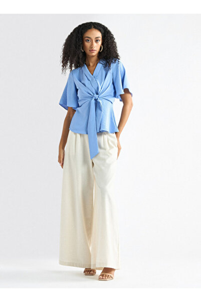 FAV V-neck Top with Flutter Sleeves and Knot Detail