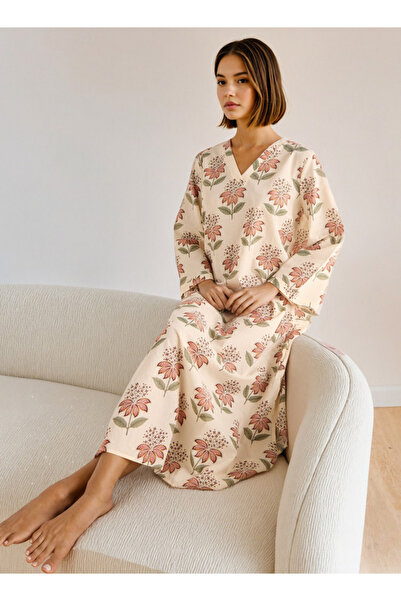 FAV Floral Print Kaftan Night Dress with V-neck