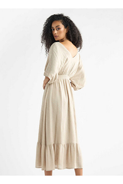 FAV Textured V-neck Dress with Extended Sleeves and Flounce Hem