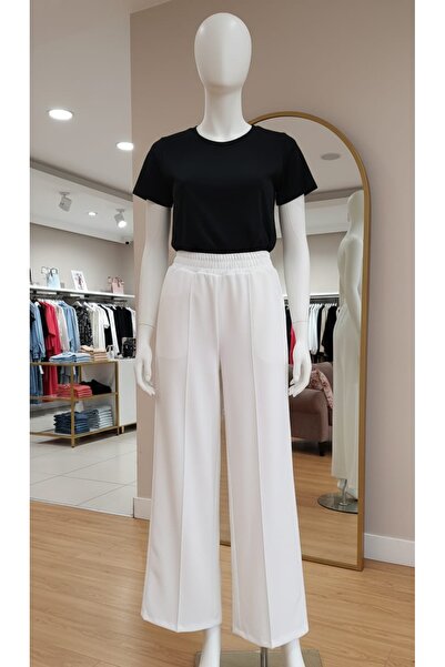 Dagü Design Kadın beli lastikli nervür detaylı relax scuba pantolon ekru