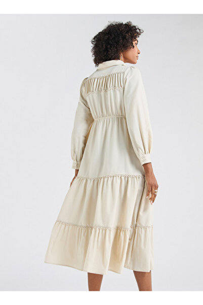 FAV Solid Tiered Midi Dress with Puff Sleeves and Collar